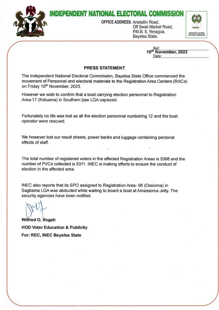 INEC Press Release after boat capsized in Bayelsa Cliptv