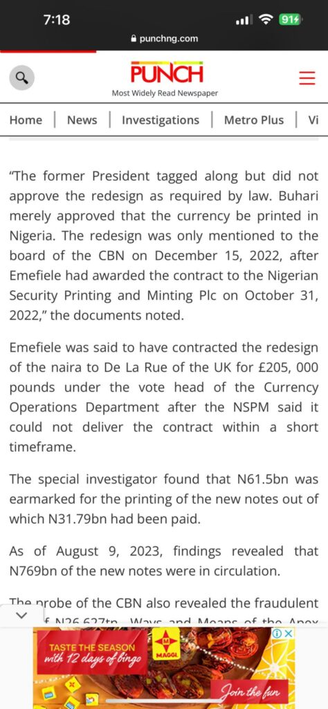 Screenshot from Punch Paper on Naira Redesign 