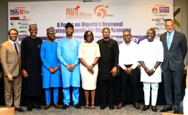 L—R:  Executive Director, Broadbased Communications Limited, Chidi Ibisi; National Chairman, Association of Licensed  Telecoms Operators of Nigeria, Engr. Gbenga Adebayo; Chief Operating Officer, WTES Projects Limited, Chidi Ajuzie; Chief Executive Officer, Skymax Integrated Networks Limited, Engr. Chidi Charles Agukwe; Deputy Director, Policy, Competition and Economic Analyses, Nigerian Communications Commission, Mrs. Freda Bruce-Bennett; the Convener of Policy Implementation Assisted Forum (PIAFo), Mr. Omobayo Azeez; Lucky Anumaka, Manager, Managed Services and Operations, Zora Communications Limited; Co-founder/Executive Director, Infratel Africa, Dr. Tola Yusuf; and the Chief Executive Officer, Open Access Data Centre, Dr. Atotunde Coker at the sixth edition of PIAFo on Digital Economy held on Wednesday in Lagos.