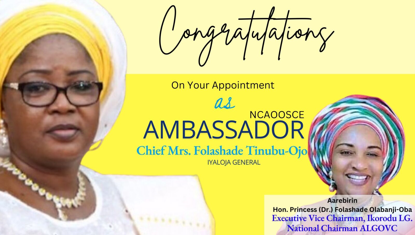 NCAOOSCE: Folashade Olabanji-Oba Congratulates Chief Mrs. Folashade Tinubu-Ojo on New Appointment