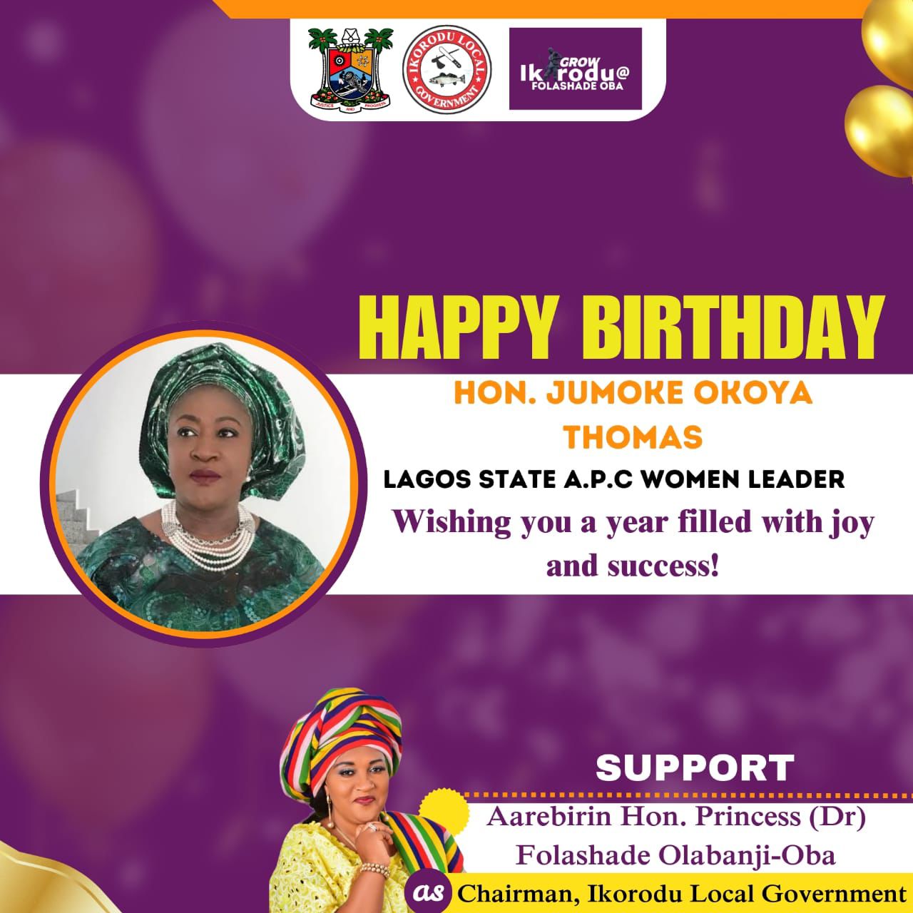 Hon. Folashade Olabanji-Oba Celebrates APC Women Leader, Jumoke Okoya-Thomas as a Trailblazer