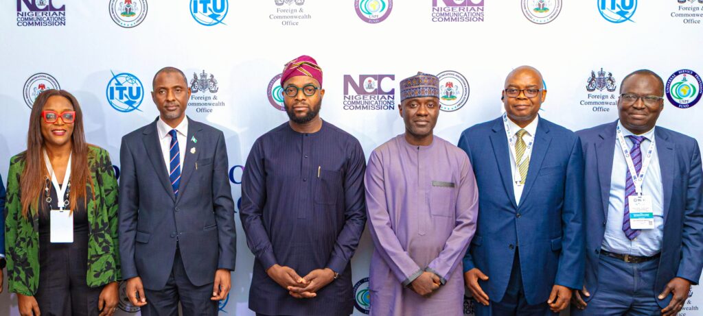 L-R: Representative of the United Kingdom Foreign, Commonwealth & Development Office (UK FCDO), Udoh Indogesit; Nigeria National Consultant, International Telecommunication Union (ITU), Ogundipe Olubunmi; Permanent Secretary, Federal Ministry of Communications, Innovation and Digital Economy (FMoCIDE), Faruk Yabo; Hon. Minister, FMoCIDE, Dr. Bosun Tijani; Executive Vice Chairman/Chief Executive Officer, Nigerian Communications Commission, Dr. Aminu Maida and Secretary, Universal Service Provision Fund, Yomi Arowosafe, during the Industry-focused Stakeholders Engagement Session organised by the USPF of the Commission in collaboration with ITU and UK FCDO in Lagos on Thursday (March 13, 2025).