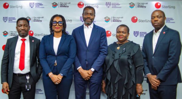L-R: Kola Oluyemi, Group Head, Sterling Academy; Dr. Nneka Okekearu, Director, Enterprise Development Centre (EDC), Pan Atlantic University (PAU); Abubakar Suleiman, MD/CEO, Sterling Bank; Dr. Nnenna Ugwu, Head, Alumni Engagement and Support Services, EDC at PAU; and Akporee Idenedo, Divisional Head, Commercial Banking, Sterling Bank at the recent MoU signing to certify graduates of Sterling Bank’s Non-Oil Export Academy.