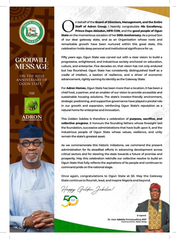 Ogun @50: Adron Group Hails State Legacy of Progress