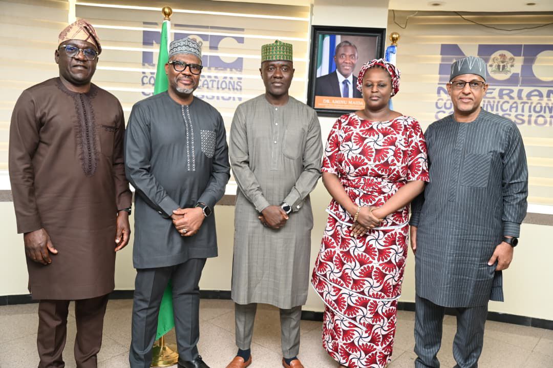L- R: Abraham Oshadami, Executive Commissioner Technical Services, Nigerian Communications Commission, NCC; Tony Emoekpere, President, Association of Telecom Companies of Nigeria, ATCON; Dr Aminu Maida, Executive Vice-Chairman/CEO, NCC; Rimini Makama, Executive Commissioner Stakeholder Management, NCC; Muhammed Rudman, Vice President, ATCON/ CEO IXPN, during a courtesy visit by the ATCON Members on the 17th February 2026, at the Commission's Headquarters, Abuja.