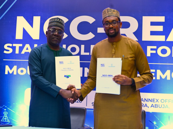 L-R: Engr. Abraham Oshadami, Executive Commissioner Technical Services, Nigerian Communications Commission (NCC) and Engr. Umar Abdullahi Umar, Executive Director Technical Services, Rural Electrification Agency (REA), during the NCC-REA, Stakeholder Forum and MoU Signing Ceremony, held on July 24, 2026, at the NCC Annex Office Mbora, Abuja.