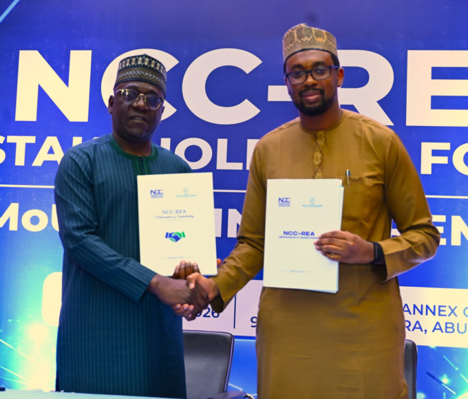 L-R: Engr. Abraham Oshadami, Executive Commissioner Technical Services, Nigerian Communications Commission (NCC) and Engr. Umar Abdullahi Umar, Executive Director Technical Services, Rural Electrification Agency (REA), during the NCC-REA, Stakeholder Forum and MoU Signing Ceremony, held on July 24, 2026, at the NCC Annex Office Mbora, Abuja.